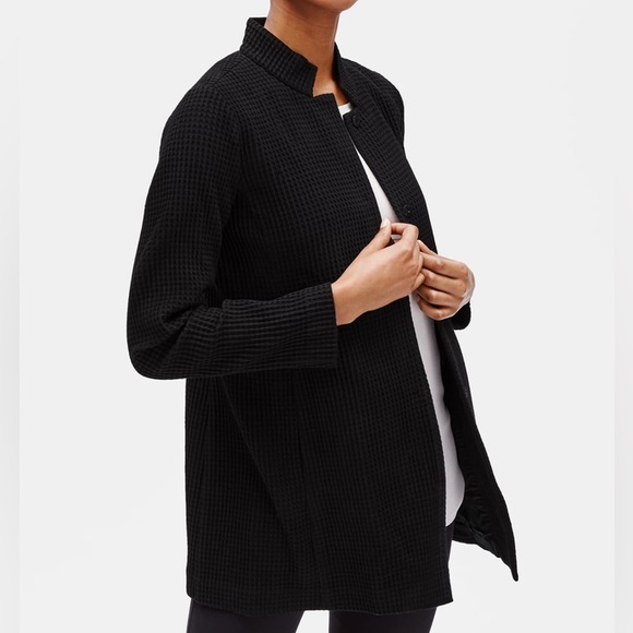 Eileen Fisher Black Waffle Knit Stand Collar Organic Cotton Grid Blazer Jacket - Picture 1 of 10